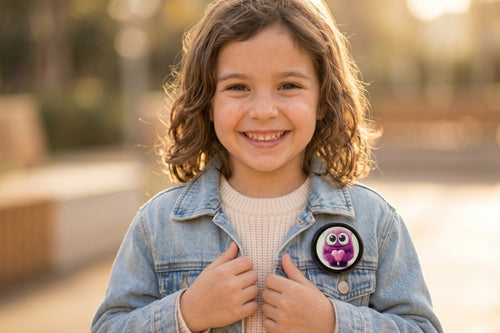 Chica sonriendo con el pin digital en la campera de jean