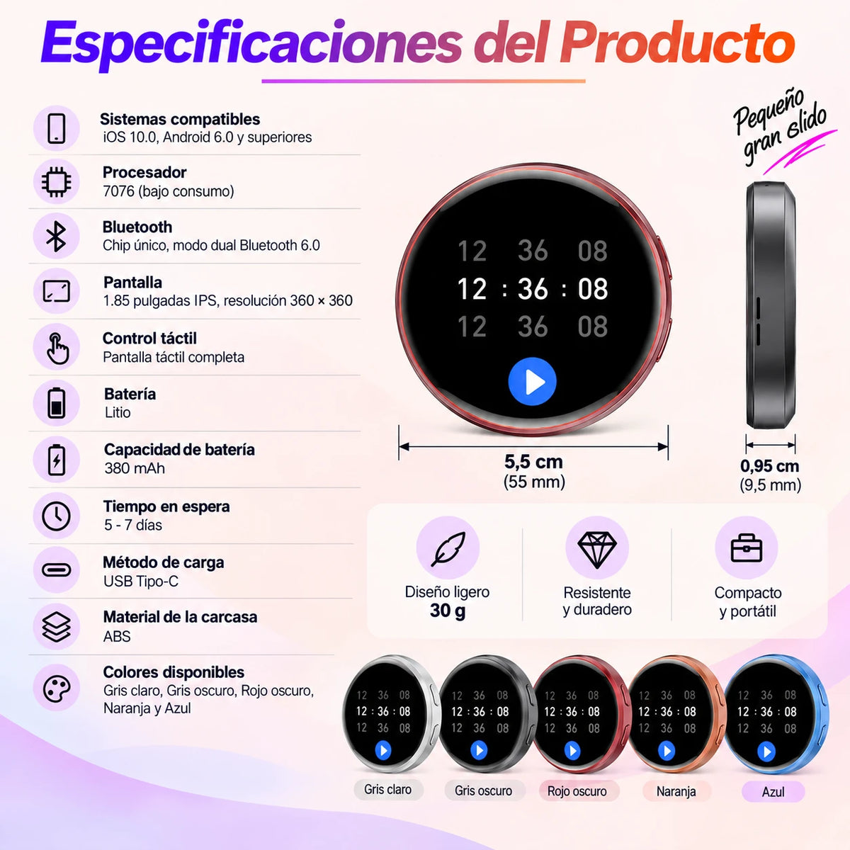 Especificaciones del pin digital y colores disponibles
