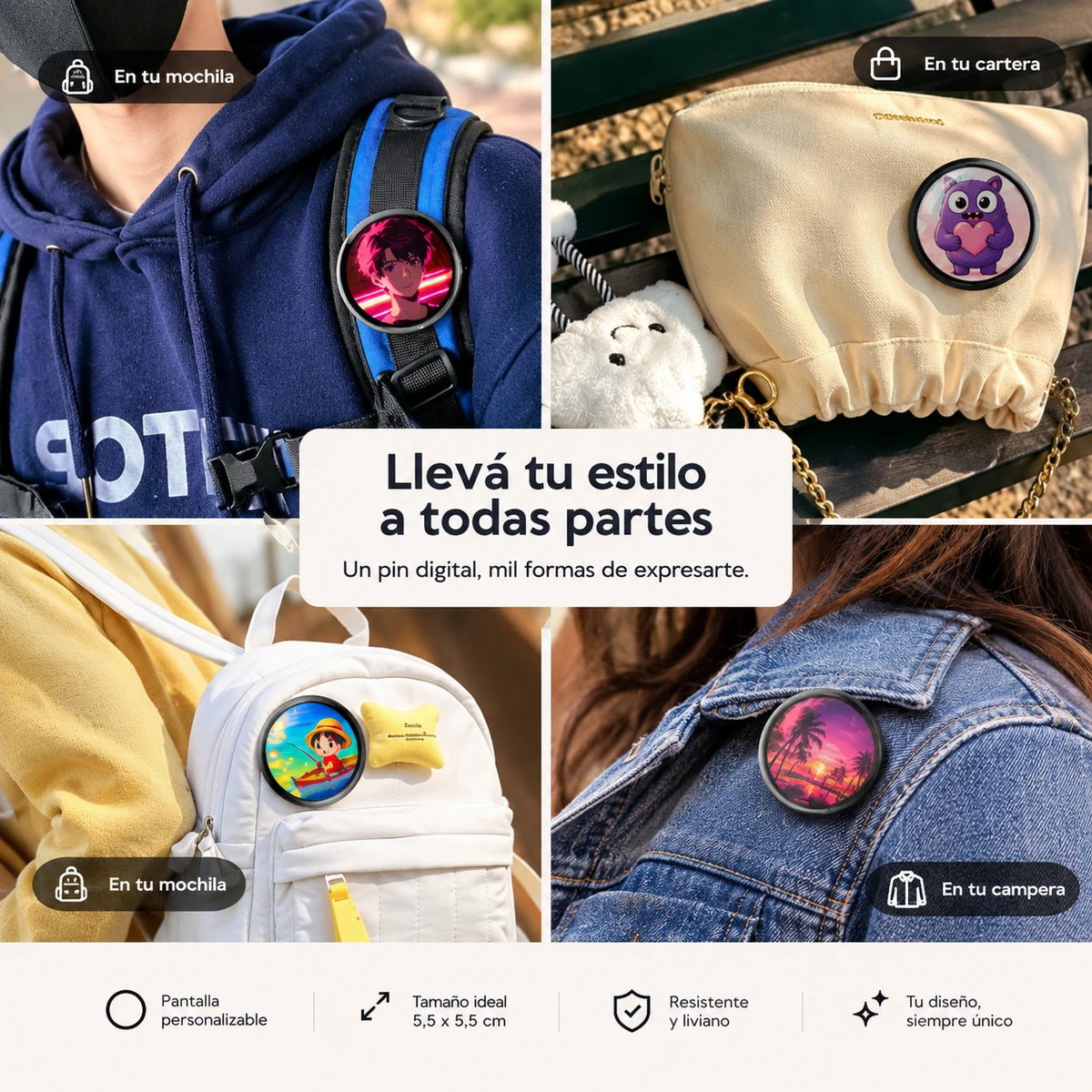 Pin digital en mochila, cartera y campera