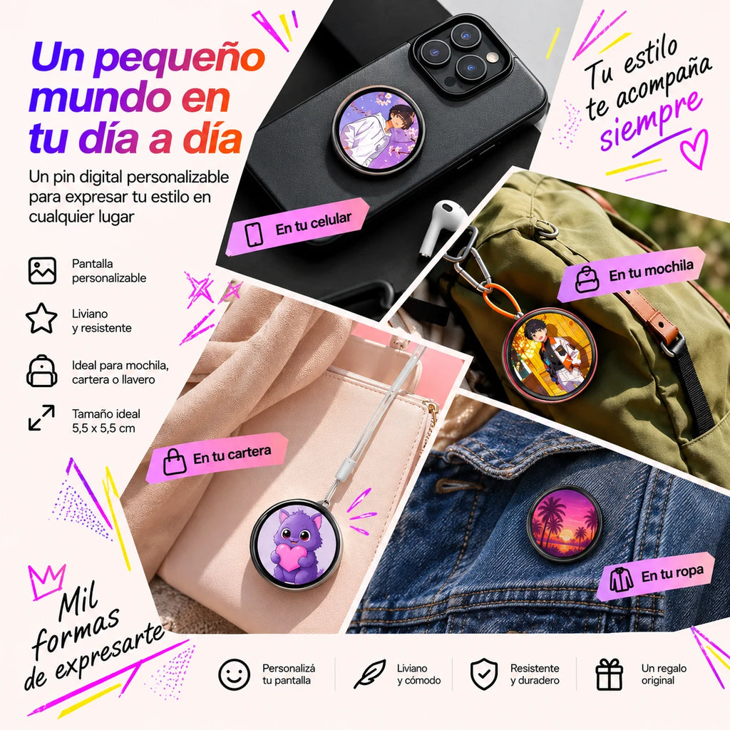 Pin digital en el celular, la mochila, la cartera y la ropa