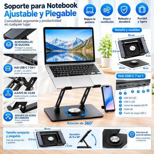 Soporte para notebook ajustable y plegable con hub USB-C 7 en 1 y rotación 360°