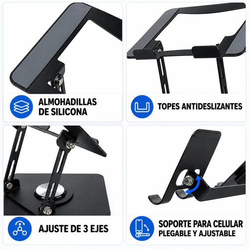 Detalles: almohadillas de silicona, topes antideslizantes, ajuste de 3 ejes y soporte para celular